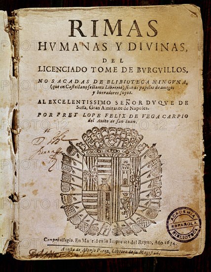 LOPE DE VEGA FELIX 1562/1635
RIMAS HUMANAS Y DIVINAS - 1634
MADRID, ACADEMIA DE LA LENGUA
MADRID

This image is not downloadable. Contact us for the high res.