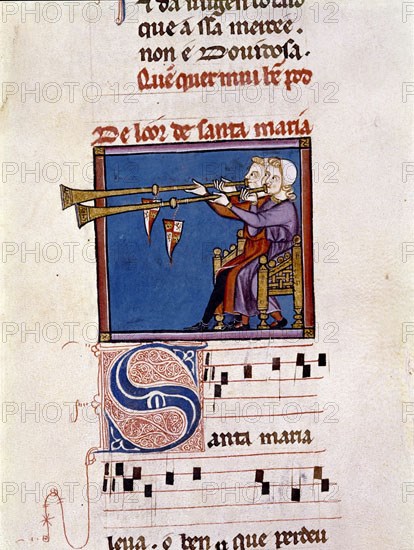 ALFONSO X EL SABIO 1221/84
M.B.I.2-CANTIGA DE STA MARIA Nº320-F286-CODICE DE LOS MUSICOS-TROMPETAS ARABES O AÑAFILES-S XIII
SAN LORENZO DEL ESCORIAL, MONASTERIO-BIBLIOTECA
MADRID
This image is not downloadable. Contact us for the high res.