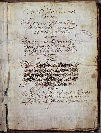 QUEVEDO FRANCISCO 1580/1645
VIRTUD MILITANTE CONTRA 4 PESTES
SANTANDER, BIBLIOTECA MENENDEZ PELAYO
CANTABRIA