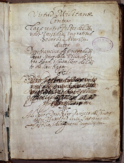 QUEVEDO FRANCISCO 1580/1645
VIRTUD MILITANTE CONTRA 4 PESTES
SANTANDER, BIBLIOTECA MENENDEZ PELAYO
CANTABRIA