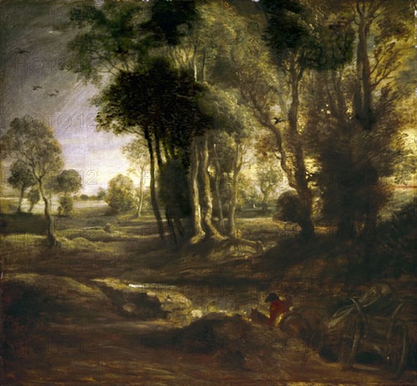 Rembrandt, Paysage avec un cavalier et sa charrette