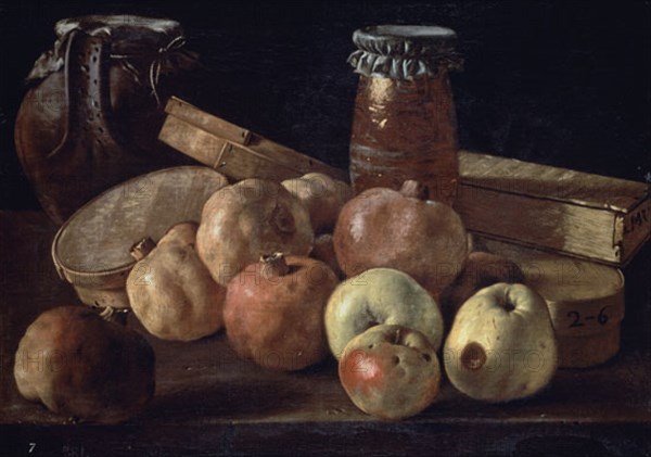 Melendez L., Nature morte: grenades, pommes, boîtes et pots à confiture