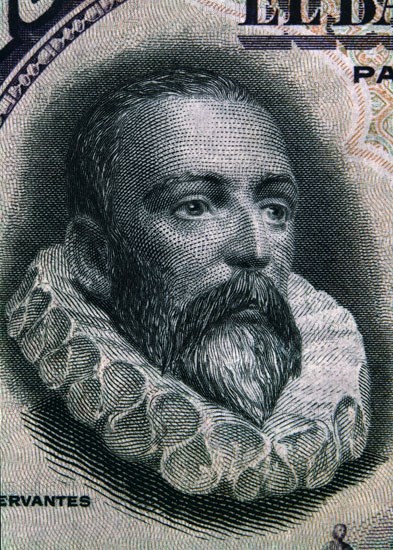 Detail of a banknote bearing the effigy of Cervantes
