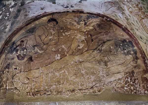 PINTURA MURAL ENCIMA DE LA PUERTA DE ENTRADA A LA SALA DE BAÑOS DESDE EL GRAN SALON - S VIII
QUSEIR AMRA, CASTILLO
JORDANIA