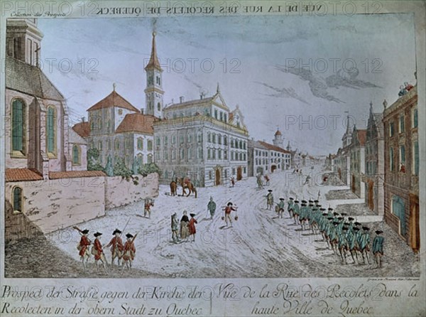 Soldats français passant dans la rue des Recollets à Québec