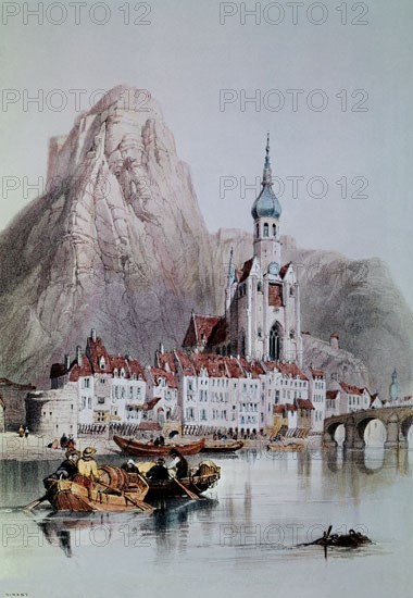 GRABADO- DINANT (BELGICA) -RIO MOSA CON LA ROCA DEL BAYARDO (ROCHE BAYARD) E IGLESIA DE NTRA SRA
MADRID, COLECCION PARTICULAR
MADRID