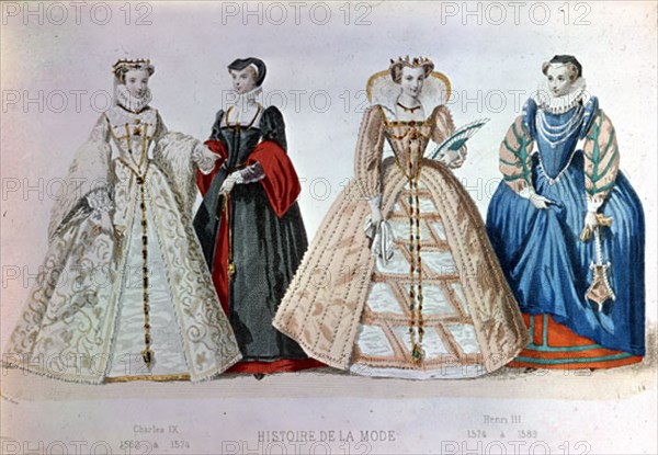 HISTORIA DE LA MODA-GRAB MODA FEMENINA S XVI-EPOCA RENACENTISTA DE CARLOS IX-ENRIQUE III FRANCIA
PARIS, COLECCION PARTICULAR
FRANCIA