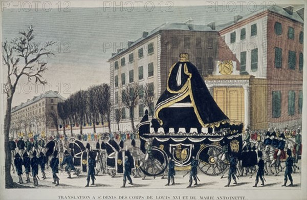 GRABADO-CORTEJO FUNEBRE. TRASLADO A ST. DENIS DE LOS CUERPOS DE LUIS XVI Y MARIA  ANTONIETA
PARIS, COLECCION PARTICULAR
FRANCIA