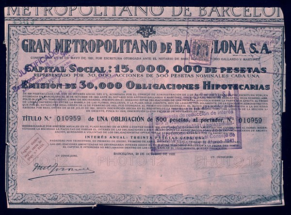 OBLIGACION GRAN METROPOLITANO BARNA 20/OCT/1922
MADRID, CONFEDERACION DE CAJAS AHORROS
MADRID