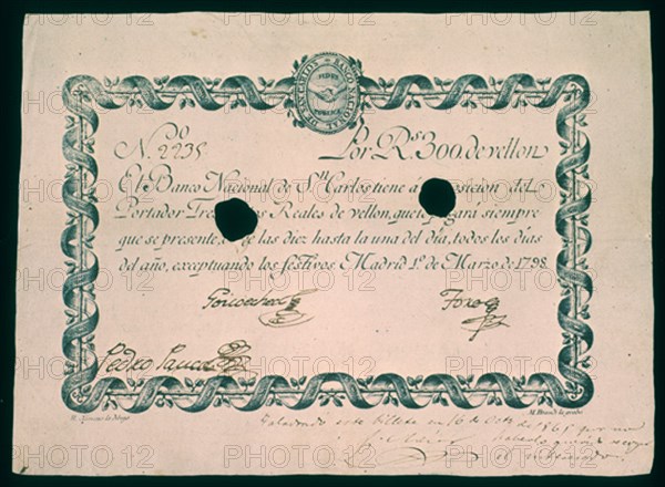 BILLETE DE 300 REALES 1798
MADRID, BANCO DE ESPAÑA-DOCUMENTOS
MADRID