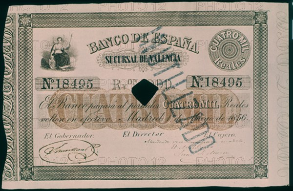 BILLETE DE 4000 REALES 1856-PROCEDE DE SUCURSAL DE VALENCIA
MADRID, BANCO DE ESPAÑA-DOCUMENTOS
MADRID

This image is not downloadable. Contact us for the high res.