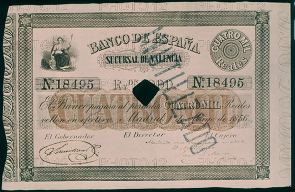 BILLETE DE 4000 REALES 1856-PROCEDE DE SUCURSAL DE VALENCIA
MADRID, BANCO DE ESPAÑA-DOCUMENTOS
MADRID
This image is not downloadable. Contact us for the high res.