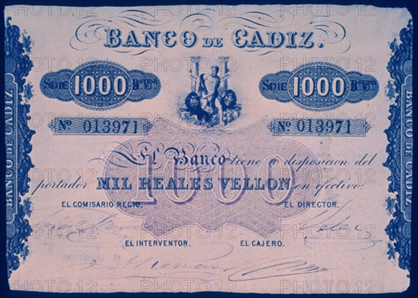 BILLETE DE 1000 REALES DEL BANCO DE CADIZ
MADRID, BANCO DE ESPAÑA-DOCUMENTOS
MADRID