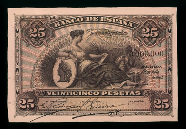 BILLETE DE 25 PESETAS 1907
MADRID, BANCO DE ESPAÑA-DOCUMENTOS
MADRID

This image is not downloadable. Contact us for the high res.