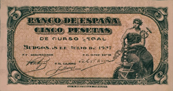 BILLETE DE 5 PESETAS 1937
MADRID, BANCO DE ESPAÑA-DOCUMENTOS
MADRID

This image is not downloadable. Contact us for the high res.
