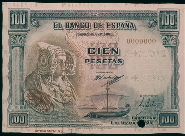 BILLETE DE 100 PESETAS 1938
MADRID, BANCO DE ESPAÑA-DOCUMENTOS
MADRID

This image is not downloadable. Contact us for the high res.