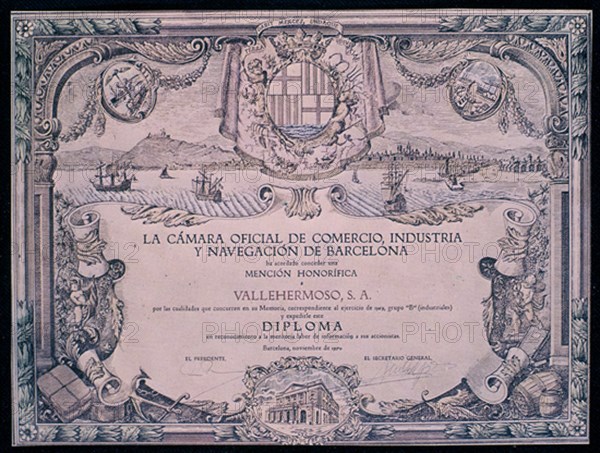 DIPLOMA DE CAMARA DE COMERCI A VALLEHERMOSO S A 1970
This image is not downloadable. Contact us for the high res.