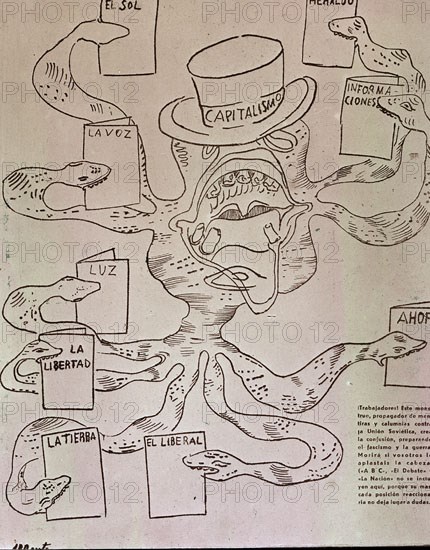 PORTADA REVISTA "OCTUBRE" 1933-CARICATURA DEL CAPITALISMO COMO MONSTRUO DE MENTIRAS
MADRID, HEMEROTECA MUNICIPAL
MADRID
