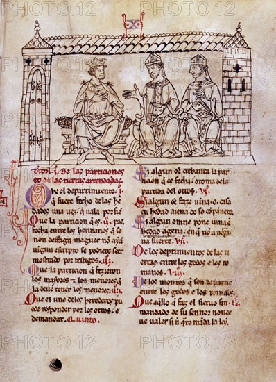 ALFONSO X EL SABIO 1221/84
FUERO JUZGO S XIII-EL REY ALFONSO X  CON DOS PRELADOS-DIBUJO
MURCIA, ARCHIVO MUNICIPAL
MURCIA