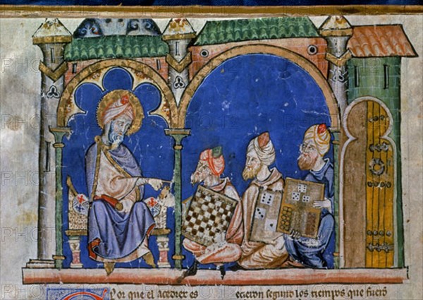 Alphonse X le Sage, Arabes présentant des plateaux d'échecs et jeux de dés au roi des Indes (détail)