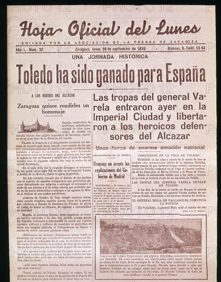 PERIODICO-HOJA OFICIAL DEL LUNES - TOMA DE TOLEDO POR FRANCO - 1936
MADRID, HEMEROTECA MUNICIPAL
MADRID