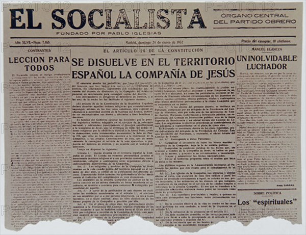 PERIODICO EL SOCIALISTA 24/ENE/1932-DISOLUCION COMPAÑIA DE JESUS.ART 26 CONSTIT REPUBLICA
MADRID, HEMEROTECA MUNICIPAL
MADRID