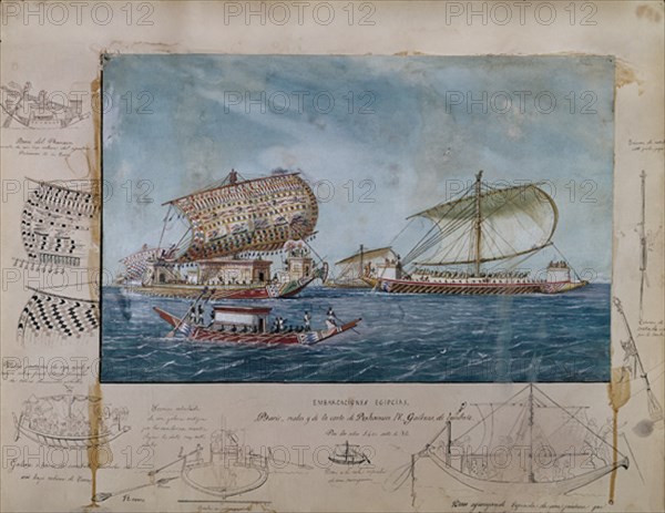 MONLEON RAFAEL 1853/1900
CONSTRUCCIONES NAVALES. BARI Y GALERA DE COMBATE TOMADO DE BAJORRELIEVES DE RAMSES IV. ACUARELA S X
MADRID, MUSEO NAVAL LAMINAS
MADRID
