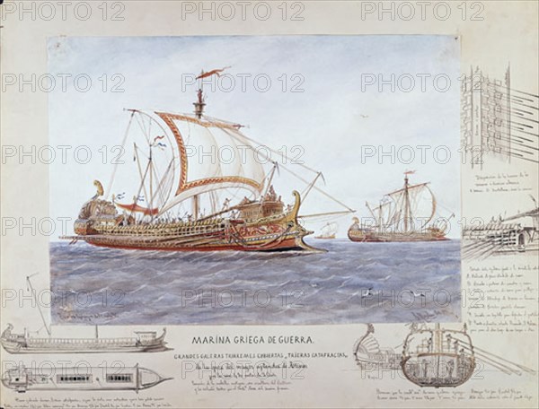 MONLEON RAFAEL 1853/1900
CONSTRUCCIONES NAVALES BAJO SU ASPECTO ARTISTICO. GALERAS DE GUERRA GRIEGAS. ACUARELA S XIX
MADRID, MUSEO NAVAL LAMINAS
MADRID
