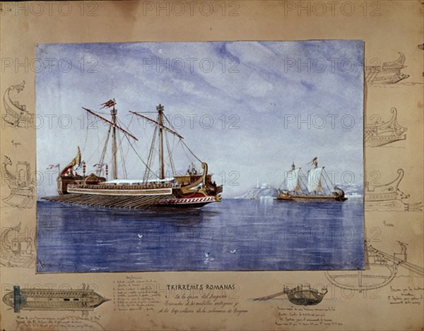 MONLEON RAFAEL 1853/1900
CONSTRUCCIONES NAVALES BAJO SU ASPECTO ARTISTICO. TRIRREMES ROMANAS. ACUARELA S XIX
MADRID, MUSEO NAVAL LAMINAS
MADRID