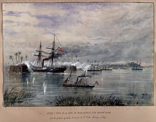 MONLEON RAFAEL 1853/1900
ATAQUE Y TOMA DE COSTA PAGALUGAN(FILIPINAS) POR CASTO MENDEZ NUÑEZ- 17 NOV 1861
MADRID, MUSEO NAVAL LAMINAS
MADRID