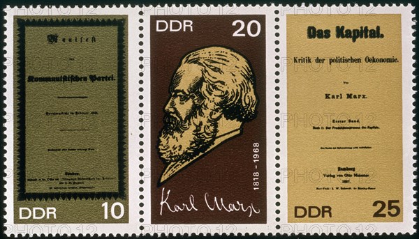 Stamps showing Karl Marx and the covers of his main books