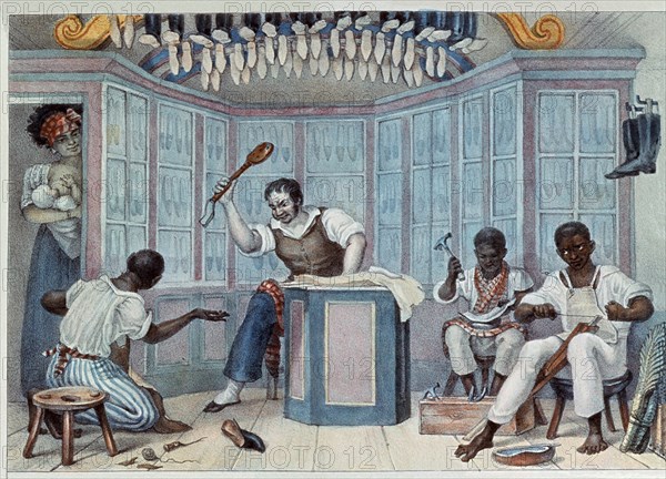 DEBRET JEAN BAPTISTE 1768/1848
TIENDA DE CALZADO CON ESCLAVOS NEGROS
PARIS, BIBLIOTECA NACIONAL
FRANCIA