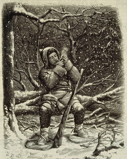 GRABADO-CAZADOR CANADIENSE BAJO LA NIEVE-