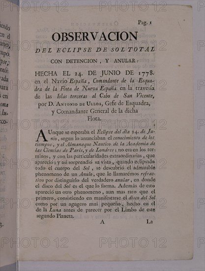 ULLOA ANTONIO DE 1716/95
LIBRO SOBRE ECLIPSE DE SOL-24/6/1778-VISTO DESDE NAVIO ESPAÑ