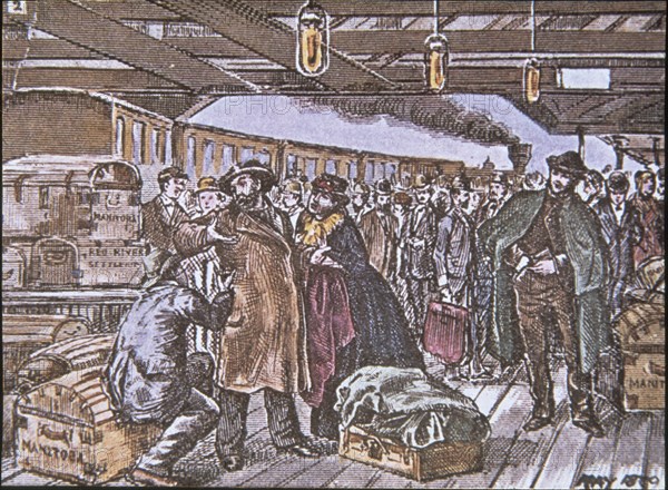 COLONOS EN ESTACION DE FERROCARIL HACIA OESTE DE CANADA - S XIX
This image is not downloadable. Contact us for the high res.
