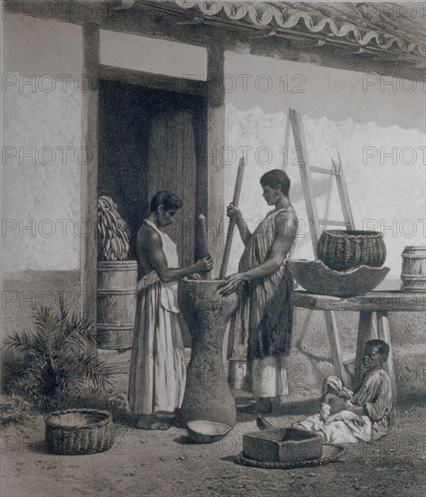 ESCLAVAS NEGRAS MOLIENDO CAFE EN UNA PLANTACION
RIO DE JANEIRO, BIBLIOTECA NACIONAL
BRASIL