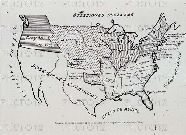 MAPA-ZONAS DE ESCLAVITUD EN EE UU DESPUES DEL COMPROMISO DE MISSOURI-DIBUJO
This image is not downloadable. Contact us for the high res.