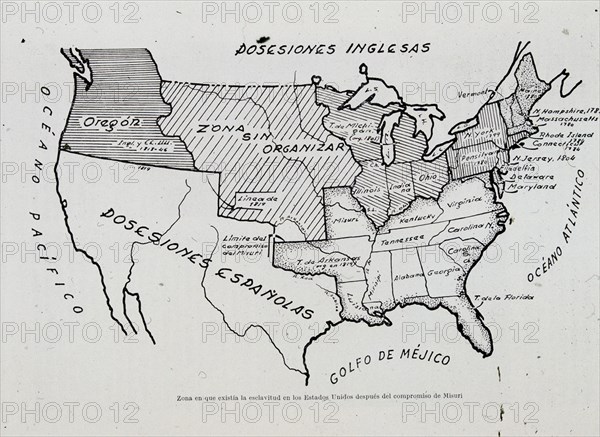 MAPA-ZONAS DE ESCLAVITUD EN EE UU DESPUES DEL COMPROMISO DE MISSOURI-DIBUJO