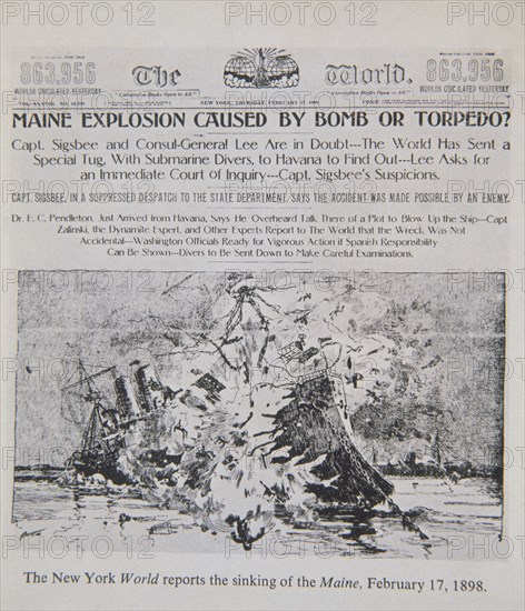 PERIODICO EL WORLD-¿EXPLOSION DEL MAINE POR UNA BOMBA O UN TORPEDO?-GUERRA DE CUBA 1898
This image is not downloadable. Contact us for the high res.