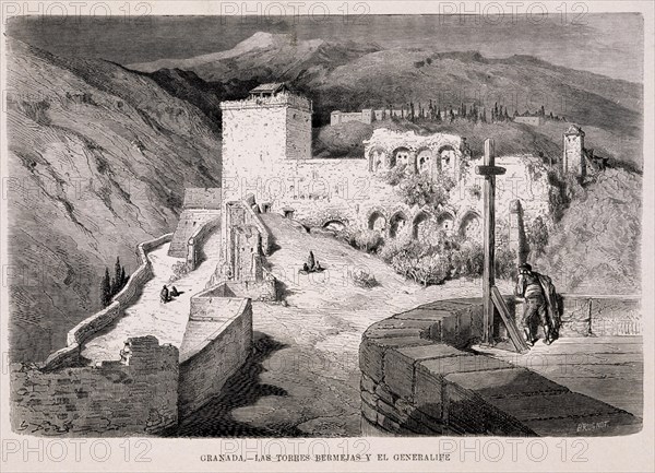 DORE GUSTAVE 1832-1883
GRABADO-TORRES BERMEJAS Y EL GENERALIFE-GRANADA