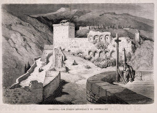 DORE GUSTAVE 1832-1883
GRABADO-TORRES BERMEJAS Y EL GENERALIFE-GRANADA