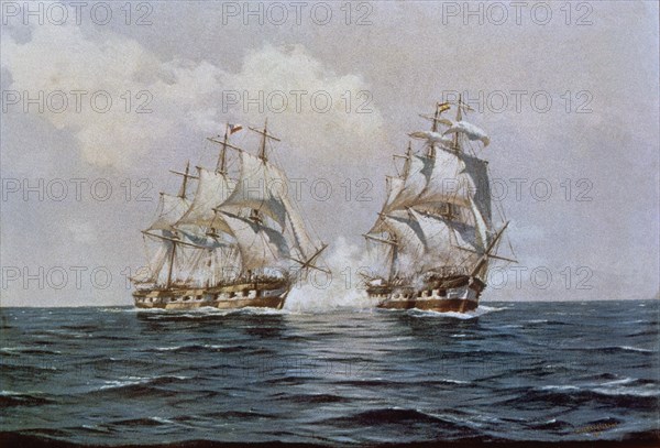 FRAGATA CHILENA"LAUTARO"CONTRA ESPAÑOLA"ESMERALDA"EN VALPARAISO-27/4/1818