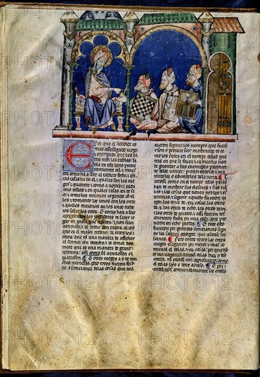 Alphonse X of Castile, Arabs with chess and dice boards before the King of India