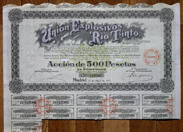 ACCION DE 500 PTAS DE UNION EXPLOSIVOS RIO TINTO-1973(18 DEL 4)
MADRID, BOLSA DE COMERCIO
MADRID