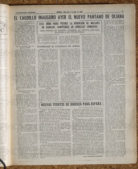 PERIODICO ARRIBA-EL CAUDILLO INAUGURA PANTANO DE OLIANA-1959
MADRID, HEMEROTECA MUNICIPAL
MADRID