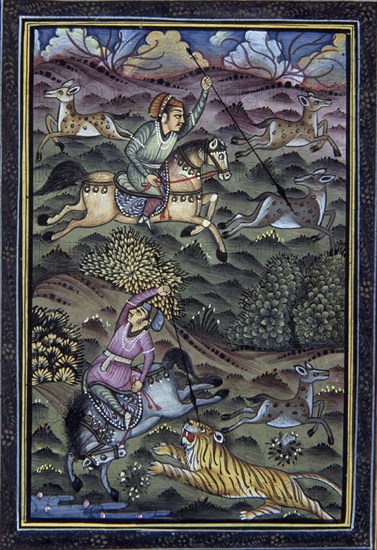 LAMINA INDIA-CAZADORES INDIOS A CABALLO TRAS CIERVO Y LEON-S XIX
MADRID, COLECCION ORONOZ
MADRID