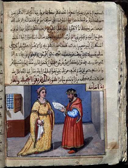 "CONSOLACIONES EN EL ENTRETENIMIENTO DE CALIFAS Y JEFES"ARABE Nº528-FOL 83V-REY LEE CARTA  A LA REIN
SAN LORENZO DEL ESCORIAL, MONASTERIO-BIBLIOTECA
MADRID