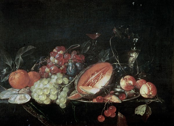 HEEM DE JAN DAVIDSZ 1606/1684
BODEGON-NARANJAS,UVAS,MELON,OSTRAS,CEREZAS, ETC-LIENZO 43x81-NP 2089
Madrid, musée du Prado