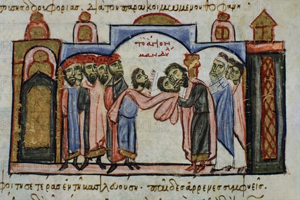 Skylitzes, Romanos I is given the Image of Edessa in Constantinople