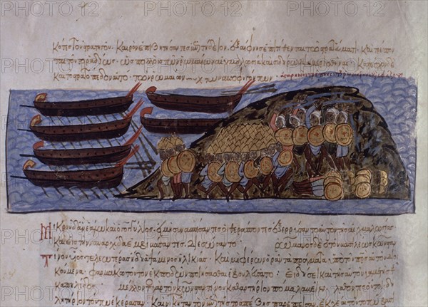 John Skylitzes
Byzantine school
Codex Græcus Matritensis (Madrid Skylitzes): Arabs fighting against the Byzantines in Crete
Folio 138
Madrid, National library